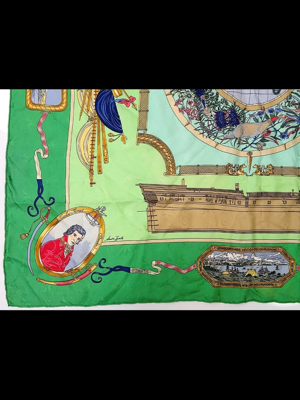 Hermes Green and Light Green Silk Scarf with Multicolor Motif